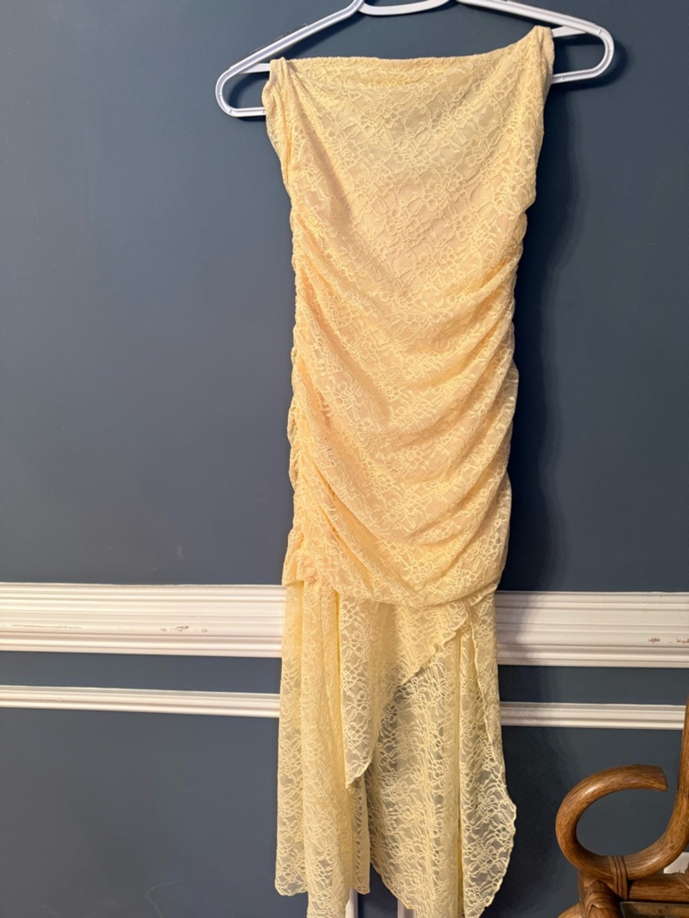 SHEIN Pale Yellow Strapless Lace Ruched Hi-Low Dress